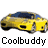 Pixelated yellow sports car icon with dark blue roof and black accents, positioned horizontally on white background beneath the text "Coolbuddy" in blocky pixel font.
