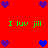 Red background with green text and purple/blue heart icons arranged in a pattern