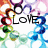 Pixelated icon with 'LOVE' text in black block letters centered on white background, surrounded by colorful abstract swirls and shapes.