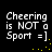 Black background with white pixelated text reading "Cheering is NOT a Sport =]" and yellow dot animations in four quadrants.