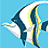 Pixelated fish icon with dark blue and yellow fins against a light blue background, featuring white and gray accents on its body.