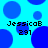 Pixelated blue background with scattered circles and repeated text "JessicaB 291" in black pixel font.