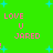 Green background with cyan stars and pink text reading LOVE U JARED repeated four times, each instance accompanied by a small exclamation mark.