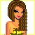 Pixelated avatar of a woman with long brown hair, pink lips, and yellow floral top in various poses including full-body, partial torso, and text overlay.