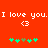 Red background with white text "I love you. I love you." and two white heart symbols, below which are two of green and brown pixelated flower-like shapes