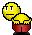 A 5x4 contact sheet of pixel art frames showing a yellow cartoon character with red shorts in various poses and expressions, including neutral faces, smiling faces, and different arm positions against a gray background.