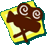Two static frames of a pixelated cartoon icon showing a brown stick figure with two spiral lollipops on its head against a yellow background with teal border.