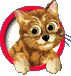 Two cartoon animal icons in red circular frames with white inner borders, one cat and one dog, both pixelated.