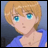 A pixelated anime-style character with blonde hair and blue eyes in a blue top, next to stylized text on a black background.