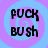 Pixelated black text 'FUCK BUSH' on a blue and purple spiral background with one gray