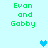 Green pixelated text 'Evon and Gobby' appears in four positions on a light blue background with three distinct heart symbols.