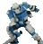 Pixelated figure in blue and white armor with black accents, posed dynamically against a solid gray background.