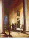 Animated sequence showing a figure in dark clothing moving through various historical or dramatic scenes with shifting lighting and background elements.