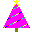Pixelated pink Christmas tree with yellow star, brown trunk, and diagonal multicolored lights on gray background.