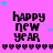 Pixelated 'happy new year' text in black on pink background with scattered blue and purple stars and heart-shaped borders.