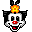 Pixelated cartoon character with black ears, orange flower on head, red nose, and mouth opening/closing in two of