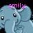 A light blue cartoon elephant with large eyes and a trunk appears in multiple , each displaying the name 'emily' in pink text above it