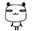 Pixelated cartoon character with black ears and eyes, white face, red mouth, and small limbs in various poses on gray background.