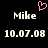 Pixelated text displays 'Mike' and date '10.07.08', with a pink heart symbol above the left name.