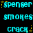 Pixelated cyan text and yellow stars on black background, with repeated words 'spenser', 'smokes', 'crack' in three