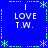 Blue background with cyan dotted lines and star shapes forming a , four identical text blocks reading "I LOVE T.W." in white pixelated font