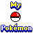 Pixel art icon featuring a red-and-white Poké Ball, green Pokémon character, and text phrases like "Pokemon" and "you wanna trade cards?" in blue-yellow-green pixelated font.