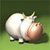 Pixelated white cow with pink nose and yellow horns stands on green grass against dark green background.