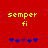 Red background with yellow text 'semper fi' above blue and purple star-like shapes in two side-by-side configurations.