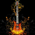 Electric guitar engulfed in flames with a metallic neck and headstock, set against a black background.