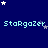 Pixelated blue background with white and light blue stars scattered , repeated light blue text "Stargazer" in three , and a gray rectangular shape in the bottom right corner
