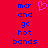 Red background with blue text 'mcr and gc hot bands' repeated twice, a pink heart symbol above the left