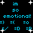 Pixelated cyan text and symbols on black background with white starbursts, repeating 'im so emotional!' phrases in two