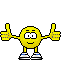 Yellow cartoon character with thumbs-up gestures, white speech bubbles reading 'Thanks!', and blue-and-white shoes on a gray background.
