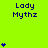 Bright green background with blue text 'Lady Mythz' and varying numbers of small blue heart symbols in a