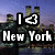Pixelated image with 'I <3 New York' text over a cityscape background featuring skyscrapers and water.