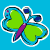 Pixelated cartoon-style icon with a blue background, featuring three green heart-shaped butterflies and a girl's head with brown hair.