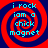 Four identical spiral patterns with red and dark blue concentric rings, each containing cyan text reading "i rock iam a chick magnet" in pixelated font.