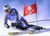 Pixelated image of a skier in blue and white gear leaning forward on snow with a red flag behind them under a light blue sky.