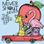 Pixelated image of a pink flamingo riding a red scooter with an apple on its head, next to yellow text reading YIPPEE!