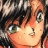 Anime-style character with brown hair and green eyes, side profile facing right, on black background with white text.