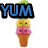 Pixelated ice cream cone with three scoops and text above or below it, showing variations in text color and punctuation across frames.