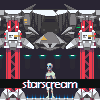 Pixel art scene with symmetrical red-and-white structures, a central figure, and 'starscream' text at the bottom.