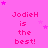 Pink background with repeated text "JodieH is the best!" in pink and purple, scattered stars, gray rectangle at bottom right.