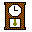Pixelated clock icon with red-green checkered border, white clock face, black L-shaped hour hand, and green pendulum showing four sequential animation frames.