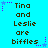 Pixelated text on cyan background with purple star accents, repeating 'Tina and Leslie are biffles' in three
