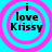 Four identical circular icons with pink concentric rings on a cyan background, each displaying black text reading "i love Krissy" in three lines.