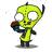 Pixelated green cartoon figure with large white eyes, holding a brown cupcake in one hand and raising the other arm against a plain background.