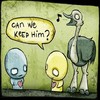 A static cartoon image shows three characters: a blue figure, a yellow figure, and a tall bird-like figure with a musical note above its head, all standing on a textured green background.
