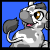 A 4-frame pixel art animation of a spotted cartoon animal with large eyes and pink tongue, waving its tail against a solid blue background.