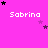 A bright pink background displays multiple instances of the name "Sabrina" in white pixelated text, each surrounded by scattered black and purple stars.